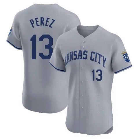 Men's Kansas City Royals ＃13 Salvador Perez Gray Elite Road Jersey