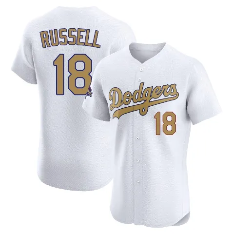 Men's Los Angeles Dodgers ＃18 Bill Russell Gold Elite White 2025 Collection Jersey