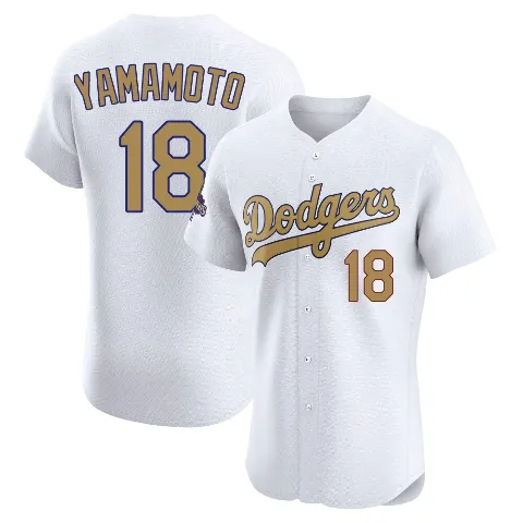 Men's Los Angeles Dodgers ＃18 Yoshinobu Yamamoto Gold Elite White 2025 Collection Jersey