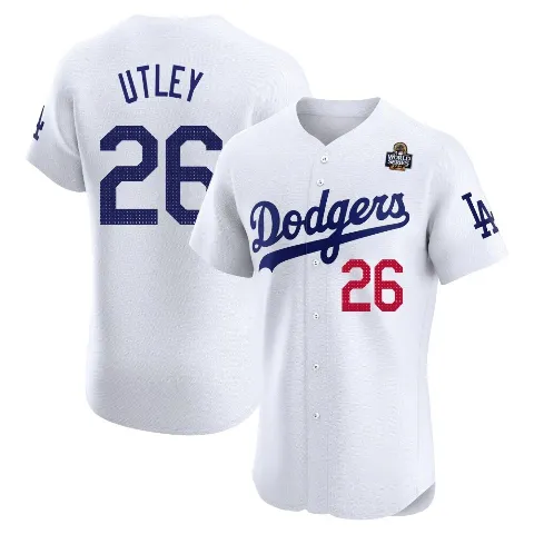 Men's Los Angeles Dodgers ＃26 Chase Utley White Elite Home 2024 World Series Jersey