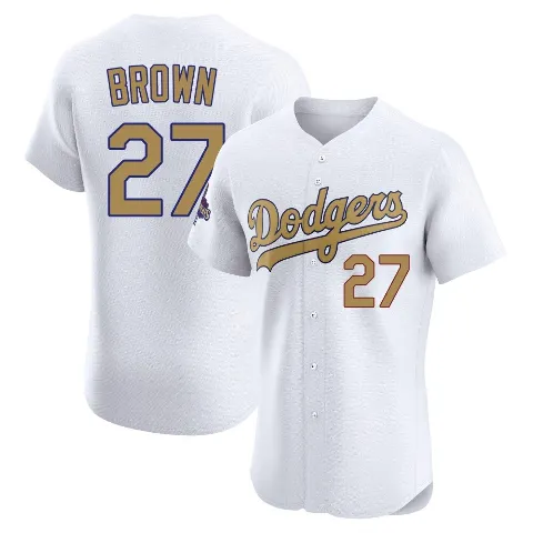 Men's Los Angeles Dodgers ＃27 Kevin Brown Gold Elite White 2025 Collection Jersey