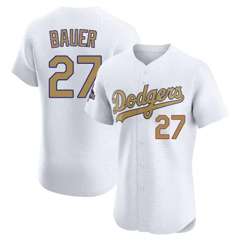 Men's Los Angeles Dodgers ＃27 Trevor Bauer Gold Elite White 2025 Collection Jersey