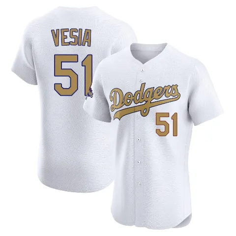 Men's Los Angeles Dodgers ＃51 Alex Vesia Gold Elite White 2025 Collection Jersey