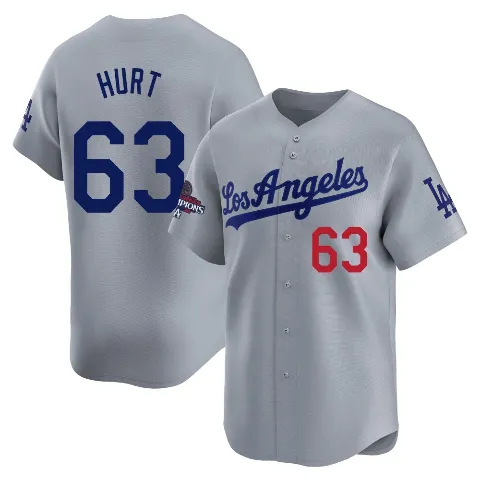 Men's Los Angeles Dodgers ＃63 Kyle Hurt Gray Limited Away World Series Champions Jersey