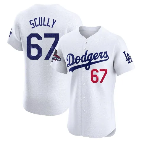 Men's Los Angeles Dodgers ＃67 Vin Scully White Elite Home World Series Champions Jersey