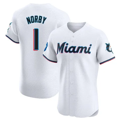 Men's Miami Marlins ＃1 Connor Norby White Elite Home Patch Jersey