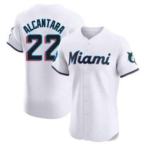 Men's Miami Marlins ＃22 Sandy Alcantara White Elite Home Patch Jersey