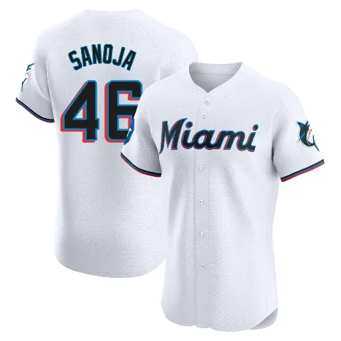 Men's Miami Marlins ＃46 Javier Sanoja White Elite Home Patch Jersey