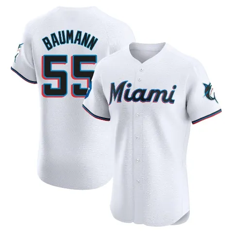 Men's Miami Marlins ＃55 Mike Baumann White Elite Home Patch Jersey