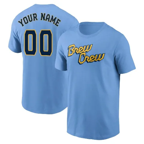 Men's Milwaukee Brewers ＃00 Custom T-Shirt Blue Custom Powder 2022 City Connect Name & Number T-Shirt
