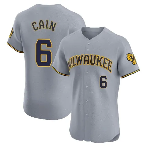 Men's Milwaukee Brewers ＃6 Lorenzo Cain Gray Elite Road Jersey