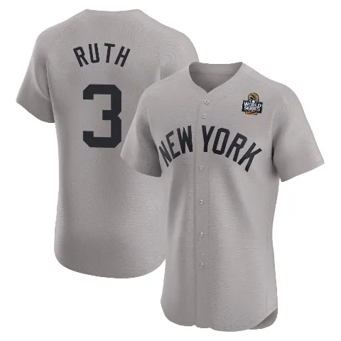 Men's New York Yankees ＃3 Babe Ruth Gray Elite Road 2024 World Series Jersey