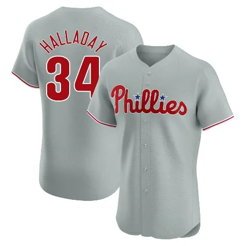 Men's Philadelphia Phillies ＃34 Roy Halladay Gray Elite Road Jersey