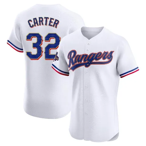 Men's Texas Rangers ＃32 Evan Carter Gold Elite White 2024 Collection Jersey