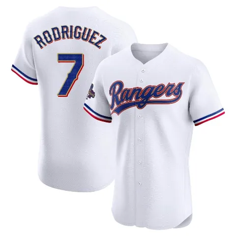 Men's Texas Rangers ＃7 Ivan Rodriguez Gold Elite White 2024 Collection Jersey