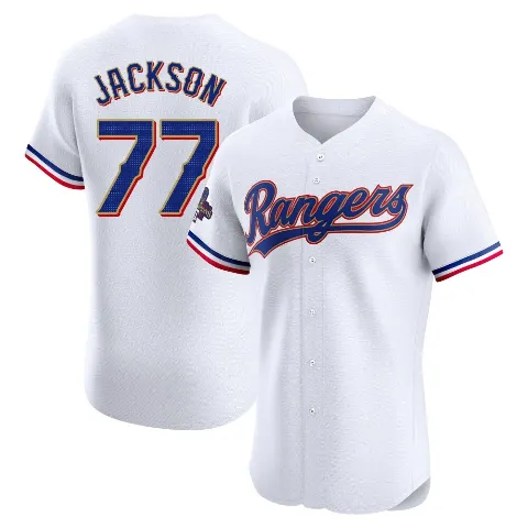 Men's Texas Rangers ＃77 Luke Jackson Gold Elite White 2024 Collection Jersey