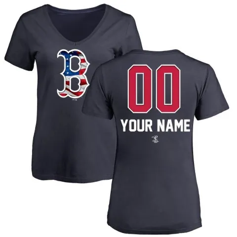 Women's Boston Red Sox ＃00 Custom T-Shirt Navy Custom Name and Number Banner Wave V-Neck T-Shirt -