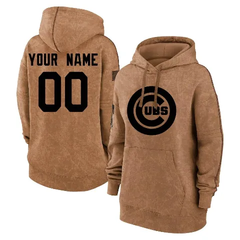 Women's Chicago Cubs ＃00 Custom Hoodie Brown Custom 2023 Salute to Service Pullover Hoodie