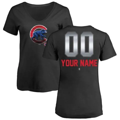 Women's Chicago Cubs ＃00 Custom T-Shirt Black Custom Midnight Mascot V-Neck T-Shirt -
