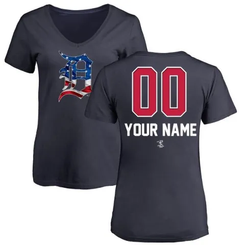 Women's Detroit Tigers ＃00 Custom T-Shirt Navy Custom Name and Number Banner Wave V-Neck T-Shirt -