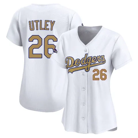 Women's Los Angeles Dodgers ＃26 Chase Utley Gold Limited White 2025 Collection Jersey