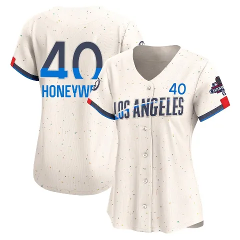Women's Los Angeles Dodgers ＃40 Brent Honeywell Cream Limited 2024 City Connect World Series Champions Jersey