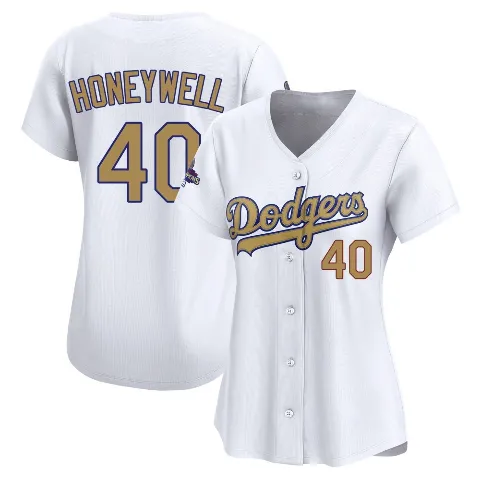 Women's Los Angeles Dodgers ＃40 Brent Honeywell Gold Limited White 2025 Collection Jersey