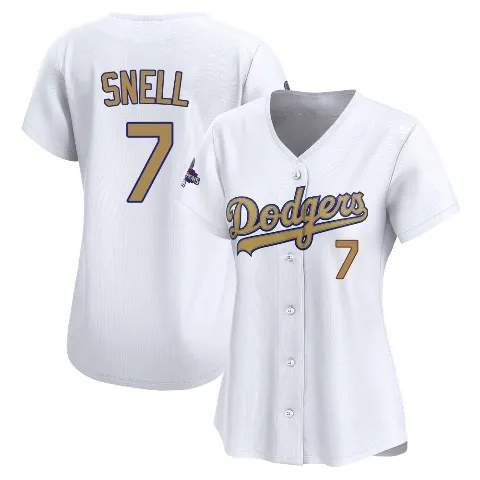 Women's Los Angeles Dodgers ＃7 Blake Snell Gold Limited White 2025 Collection Jersey