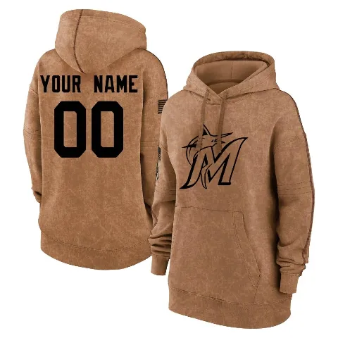 Women's Miami Marlins ＃00 Custom Hoodie Brown Custom 2023 Salute to Service Pullover Hoodie