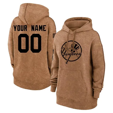 Women's New York Yankees ＃00 Custom Hoodie Brown Custom 2023 Salute to Service Pullover Hoodie