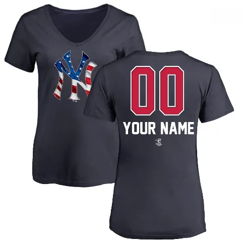 Women's New York Yankees ＃00 Custom T-Shirt Navy Custom Name and Number Banner Wave V-Neck T-Shirt -