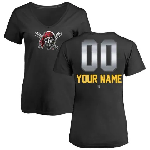 Women's Pittsburgh Pirates ＃00 Custom T-Shirt Black Custom Midnight Mascot V-Neck T-Shirt -