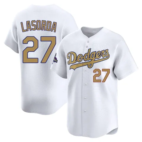 Youth Los Angeles Dodgers ＃27 Tommy Lasorda Gold Limited White 2025 Collection Jersey