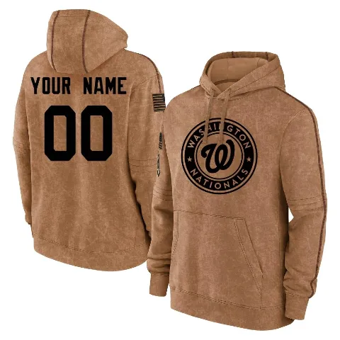 Youth Washington Nationals ＃00 Custom Hoodie Brown Custom 2023 Salute to Service Club Pullover Hoodie